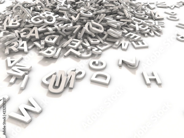 Fototapeta A jumbled pile of 3D illustrated white uppercase letters over a white background.  Great for typegraphy, education, design, or business applications.