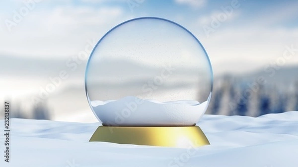 Fototapeta Snow globe with a wooden base in a winter Christmas style landscape. 3d rendering