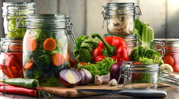 Fototapeta Jars with marinated food and raw vegetables on cutting board