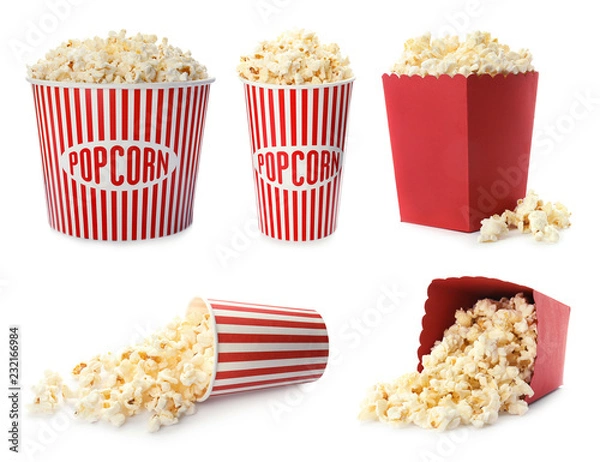 Fototapeta Zestaw z różnych tekturowych pojemników smaczny popcorn na białym tle