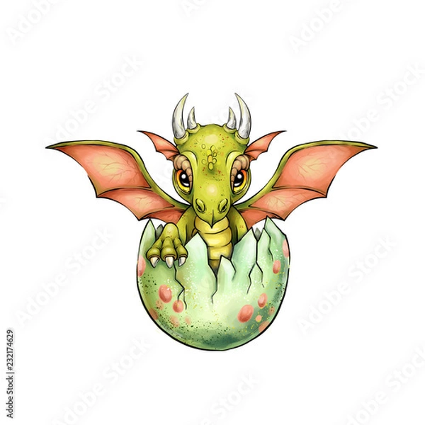 Fototapeta Cute little just newborn dragon in egg with two wings. Digital artwork.