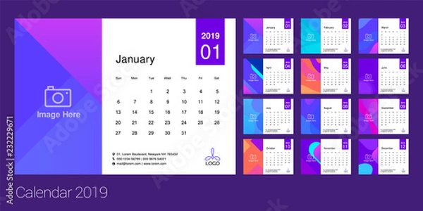 Obraz 2019 Calendar Minimal Gradient template. Simple Colorful minimal elegant desk calendar design