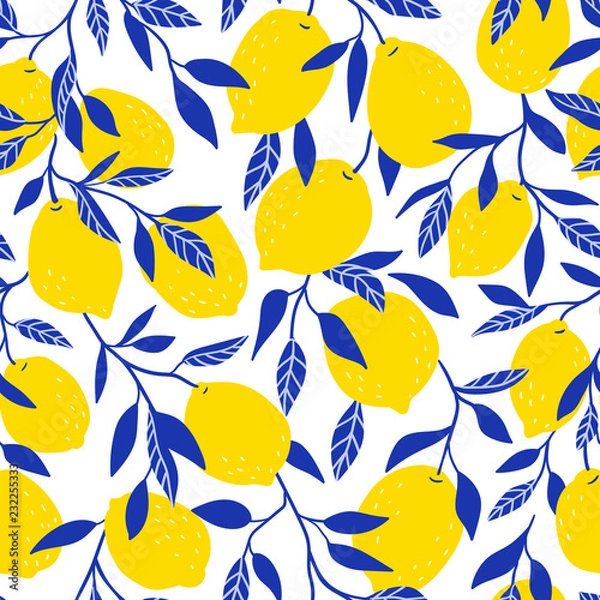Fototapeta Tropical seamless pattern with yellow lemons. Fruit repeated background. Vector bright print for fabric or wallpaper.