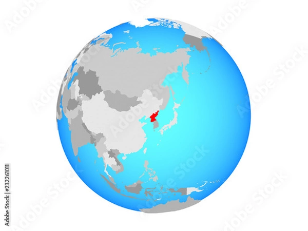 Fototapeta North Korea on blue political globe. 3D illustration isolated on white background.