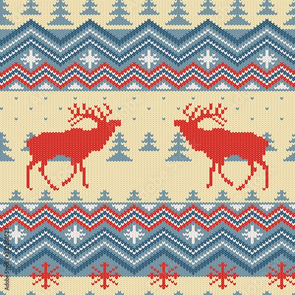 Fototapeta Winter knitted woolen seamless pattern with red deer in conifer forest