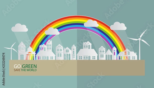 Fototapeta Paper art of landscape with Eco green city and nature, GO GREEN SAVE THE WORLD concept, Vector illustration