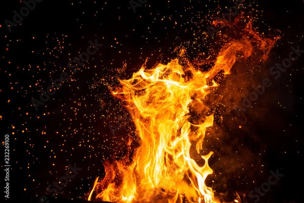 Obraz Burning woods with firesparks, flame and smoke. Strange weird odd elemental fiery figures on black background. Coal and ash. Abstract shapes at night. Bonfire outdoor on nature. Strenght of element.