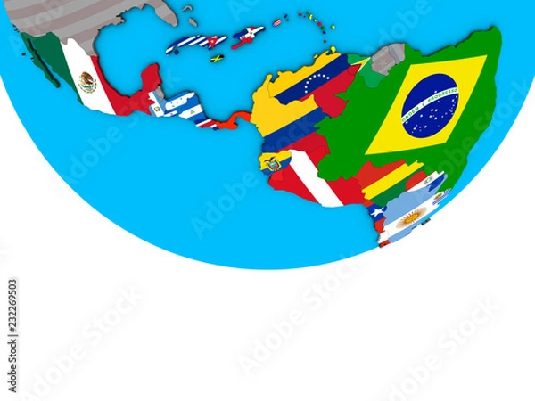 Obraz Latin America with embedded national flags on simple political 3D globe.