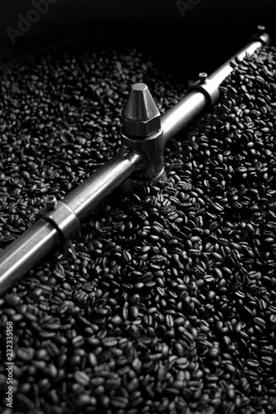 Fototapeta coffee beans after cooling down on the coffee roaster machine in black & white style.