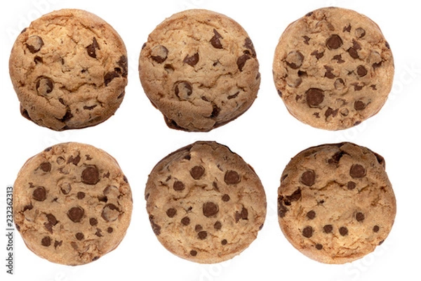 Fototapeta Chocolate chip cookies, isolated on white background, in high resolution for advertising use.