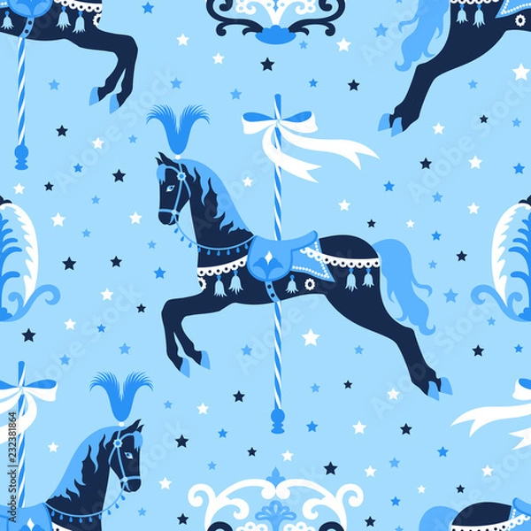 Obraz Blue carousel horse seamless pattern.