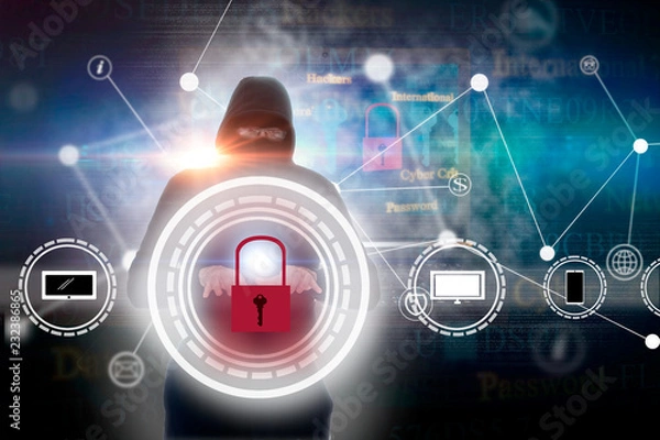 Obraz Hacker stealing information. Computer hacking concept. Network security. Computer crimen. Danger of hack attack