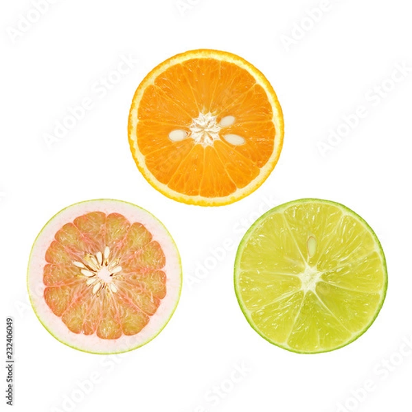 Fototapeta Slice of fresh orange with lime and pomelo citrus fruit iisolated on white background