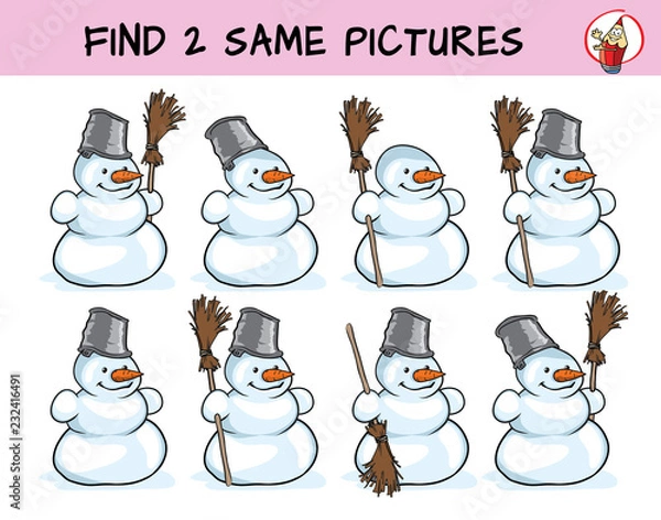 Obraz Śmieszny bałwan. Znajdź dwa takie same obrazki. Gra edukacyjna dla dzieci. Ilustracja kreskówka wektor