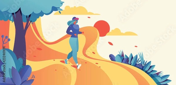 Obraz Horizontal illustration good for banner design with running woman. Jogging sport illustration in bright colors and gradients with sky, sun and greenery