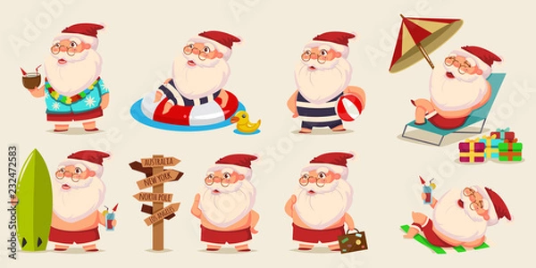 Obraz Summer Santa Claus in shorts on beach vector set. Cute cartoon character for Christmas design isolated on background