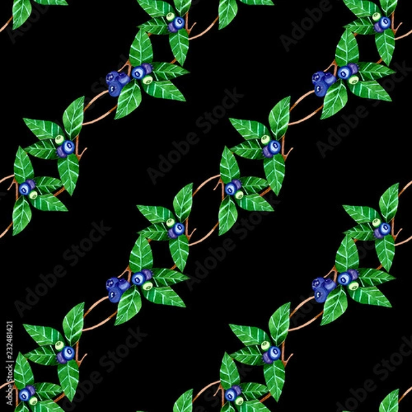 Obraz Pattern of twigs, berries and leaves of blueberry painted with watercolor. Seamless pattern of blueberry.