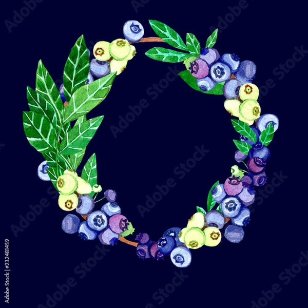 Obraz  A wreath of blueberries. Watercolor wreath of blueberries and blueberry leaves.