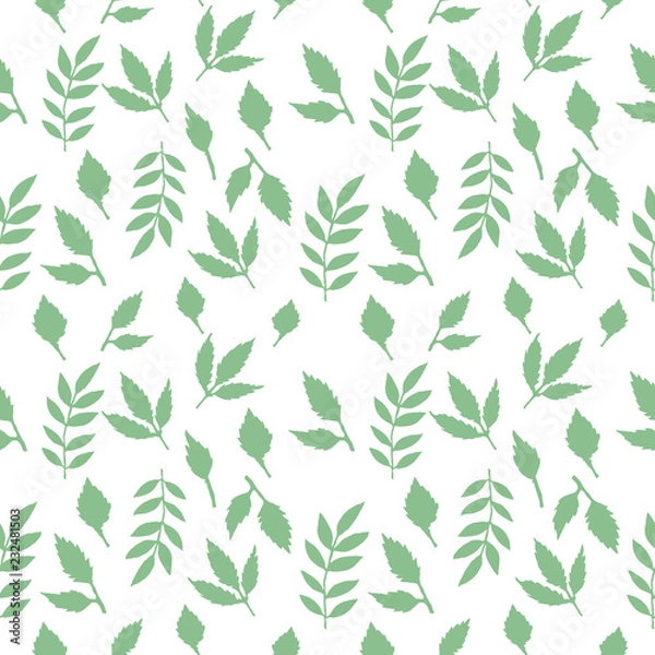 Obraz  Rose leaves silhouettes seamless pattern. Pattern of green leaves. Leaves pattern drawn on a white background.