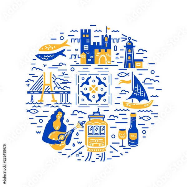 Obraz Circle with Portugal symbols. Vector illustration. Flat and line style.