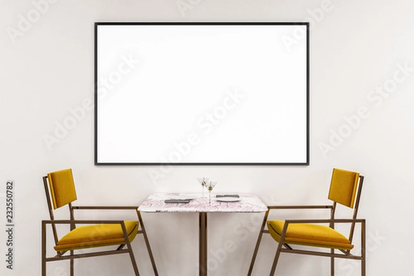 Fototapeta Biała restauracja, żółte krzesła, plakat