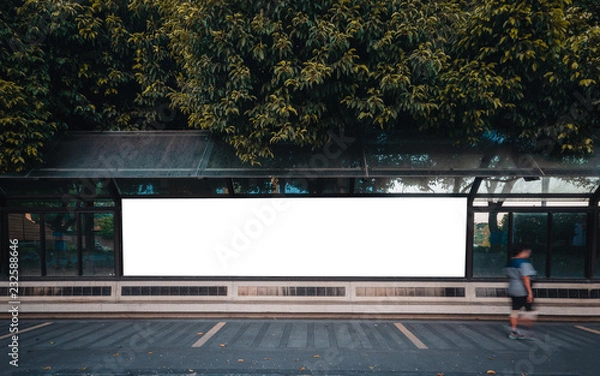 Fototapeta big blank billboard white LED screen horizontal outstanding in the city on pathway walking at side the road traffic with people for display advertisement text template promotion new brand at outdoor.