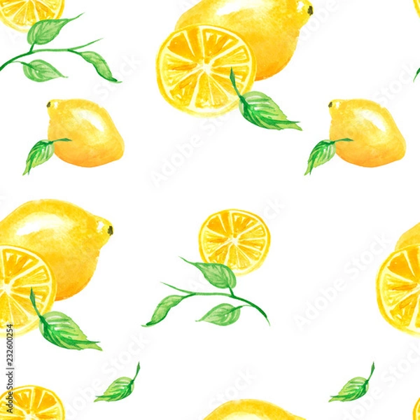 Fototapeta Watercolor painting, vintage seamless pattern - tropical fruits, citrus, slices of lemon, orange,mandarin. Hand drawn art illustration. Artistic abstract watercolor seamless pattern. 