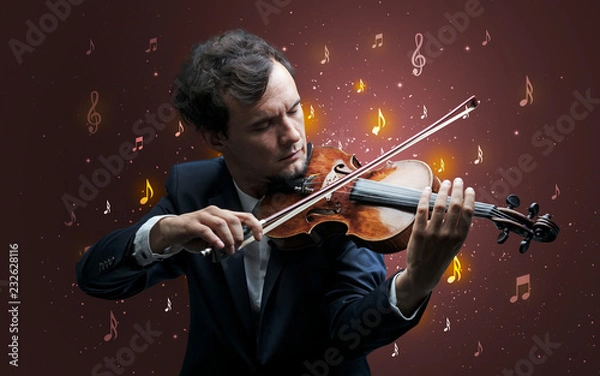 Fototapeta Young violinist with falling musical notes wallpaper and classical concept