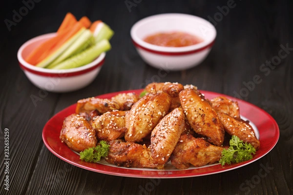 Obraz Roasted chicken wings served on a red plate with carrot, celery and sause.