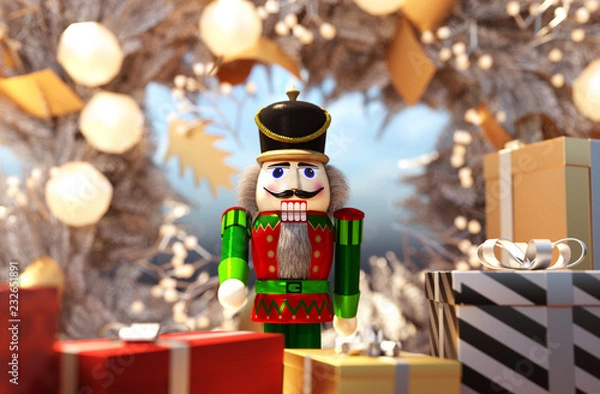 Fototapeta nutcracker decorated for Christmas background,3d rendering