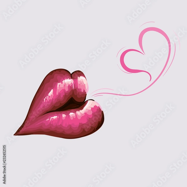 Obraz Lips in a sweet kiss. Delicate pink lips give a kiss of sweet love from the heart.