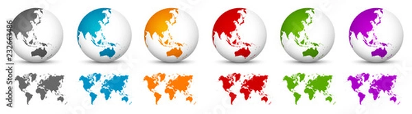 Obraz White 3D Vector Globe with World Map in Same Color. Planet Earth with Colorful Continents