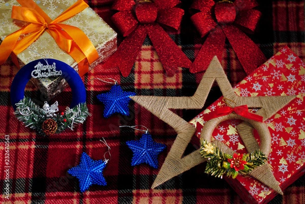 Obraz Рождественские игрушки. Украшение для елки. С новым годом! Счастливого Рождества! Подарки для детей.