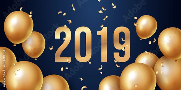 Fototapeta Happy new year 2019 background with floating party balloons. Vector illustration