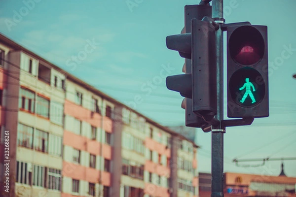 Fototapeta Traffic light with sign for pedestrians at crosswalk intersections