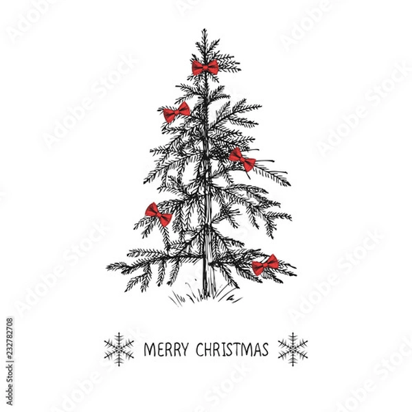 Fototapeta Card design with a hand drawn Christmas tree with snowflakes and Merry Christmas text. Christmas fir with a bow