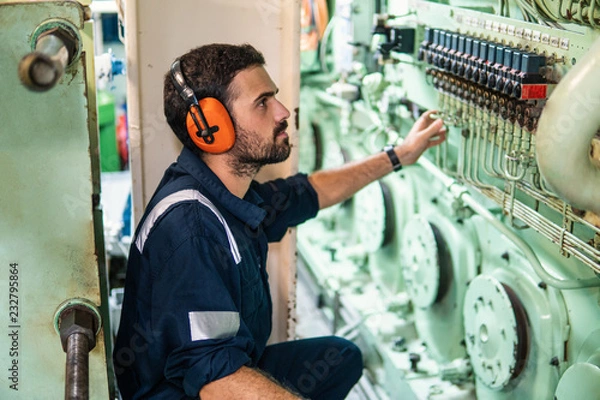 Fototapeta Marine engineer officer in engine control room ECR. Seamen's work. He starts or stops main engine of ship