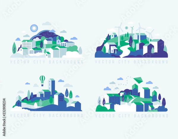 Fototapeta City landscape with buildings, hills and trees. Vector illustration in minimal geometric flat style. 