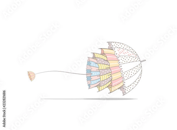 Obraz Latające parasole na białym tle z cieniem. Parasole w kolejnych parasolach. Meduza parasolowa. Ilustracji wektorowych. Kartka z życzeniami.