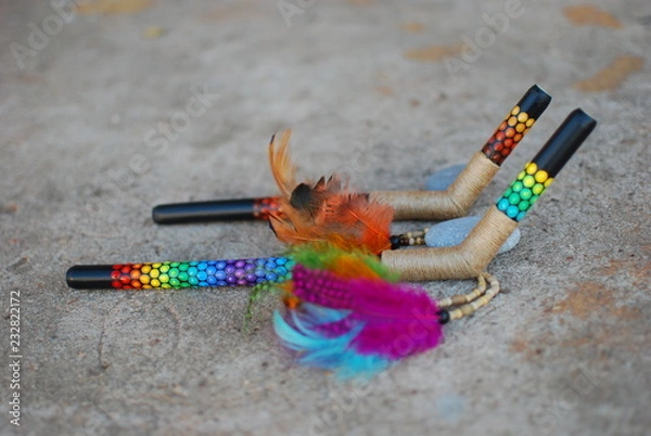 Obraz Colorful Ceremonial Tepi Sacred Medicine Rape an Tobacco Applicator Shamanic Snuff