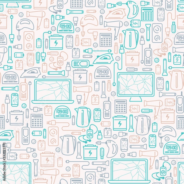 Fototapeta Seamless pattern with old appliances. E-waste elements. Line style vector illustration. Suitable for wallpaper or wrapping