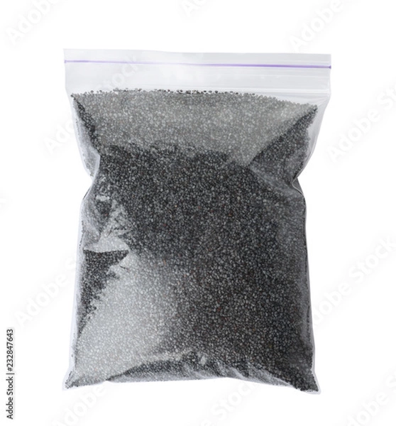 Obraz Poppy seeds in plastic bag on white background, top view