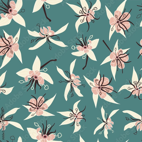 Fototapeta Exotic cacao tree flowers seamless vector pattern background