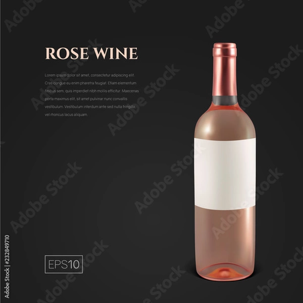 Fototapeta Photorealistic bottle of rose wine on a black background. Mock up transparent bottle of wine. Template for presentation in a minimalist style.