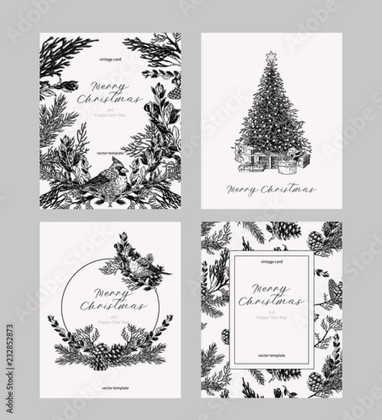 Fototapeta Christmas card set in vintage style. Hand drawn botanical collection of greeting template for winter holidays.