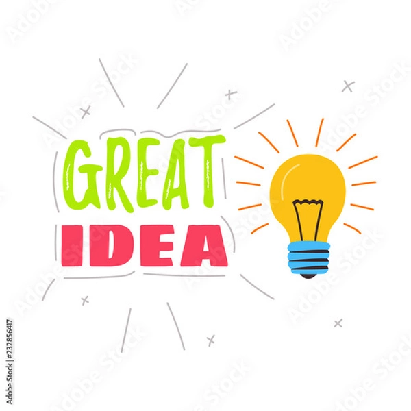 Fototapeta The lamp is shining. The inscription is a great idea. Cartoon vector. Concept of creative idea.
