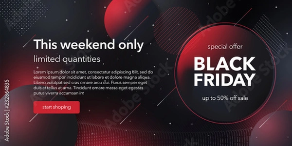 Fototapeta Black friday special offer template. Social media web banner for shopping, sale, product promotion. Background for website and mobile app banner, email. Vector image in black and red colors.