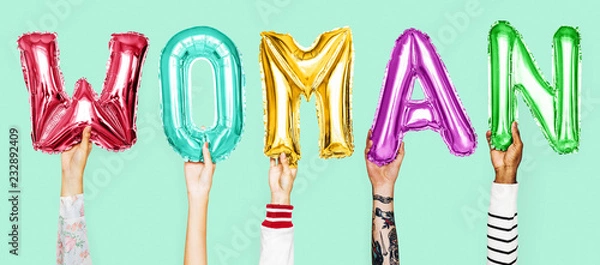 Fototapeta Hands showing woman balloons word