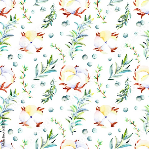 Fototapeta Watercolor winter seamless pattern. Handpainted  watercolor christmas pattern with winter branches, berries, cotton. Perfect for you postcard design, wallpaper, happy new year print etc.