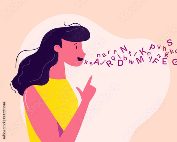 Fototapeta  Young and friendly woman-logopedist is articulating on her logopedic treatment session. Colorful vector illustration for web and printing.